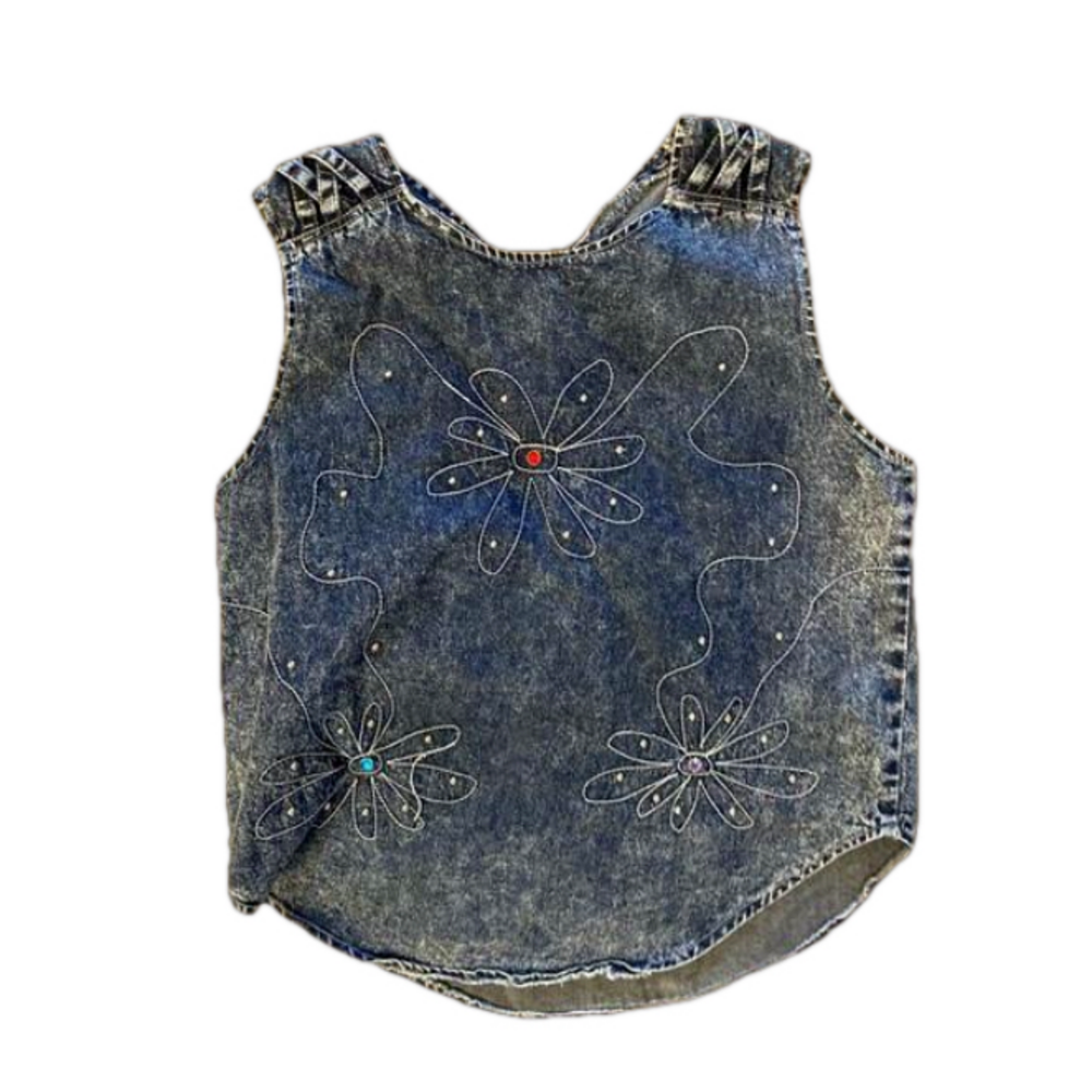 Adriano Italia stone wash denim tank top embroidered floral design Boho Retro  L